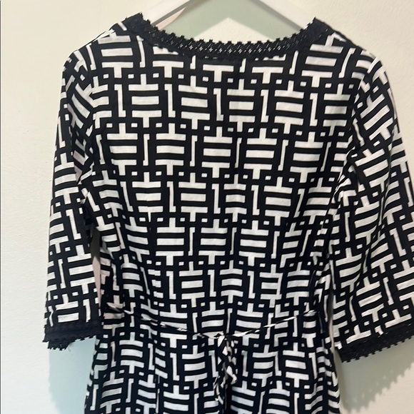 ANN TAYLOR Black and White Linen Blend Split Neck Flare Dress Size 2 - Like New - Picture 7 of 9
